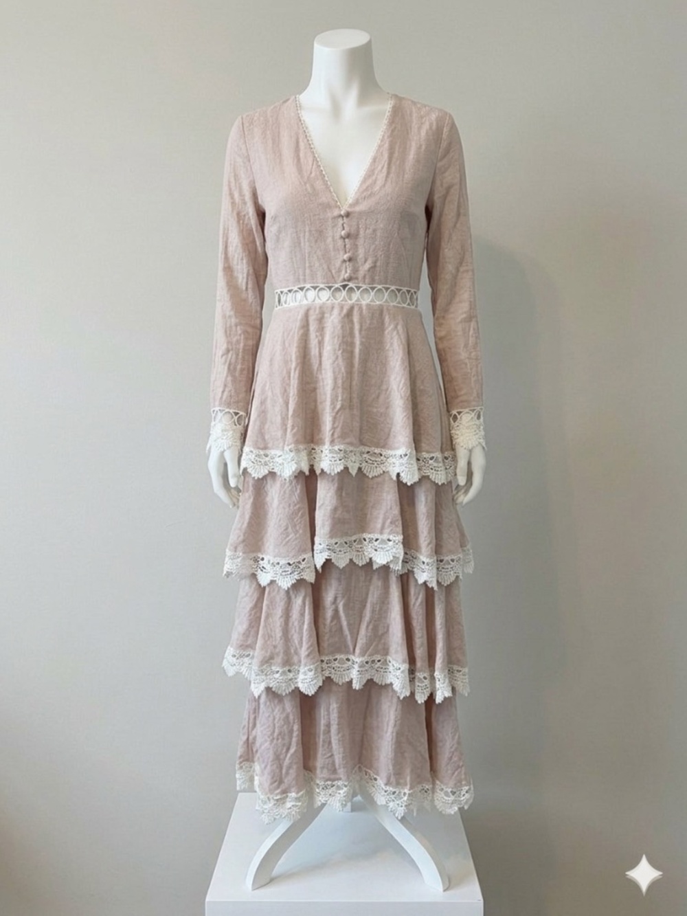 Endless Rose Linen and Lace Tiered Maxi Dress Size S